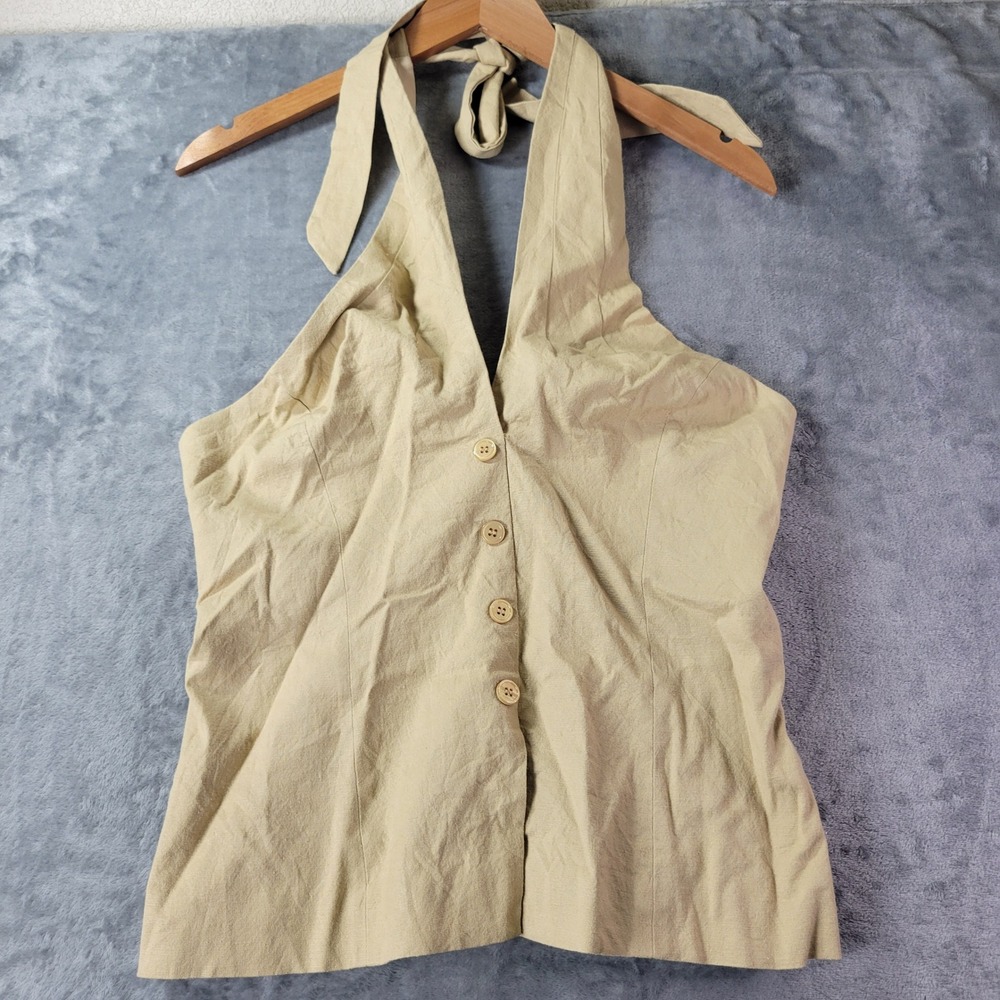 ASTR The Label Khaki Linen Blend Halter Vest Top Smocked Back Sz M Coastal Chic